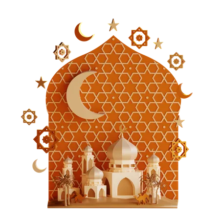 3 D Ramadan Ornament With Lantern And Mosque 3D Illustration