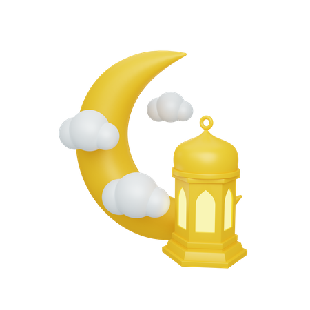 Crescent moon and cloud with lantern  3D Icon