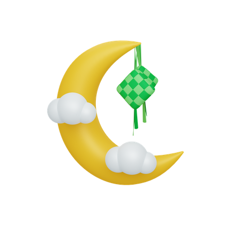 Crescent moon and ketupat with cloud  3D Icon