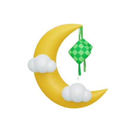 Crescent moon and ketupat with cloud  3D Illustration