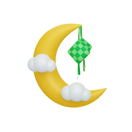 Crescent moon and ketupat with cloud 3D Illustration