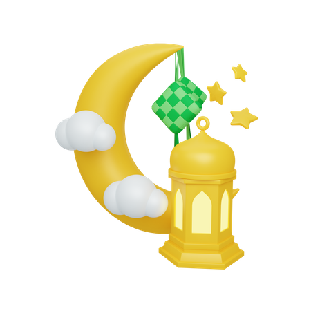 Crescent moon and ketupat with lantern  3D Icon