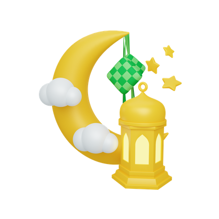 Crescent moon and ketupat with lantern  3D Illustration