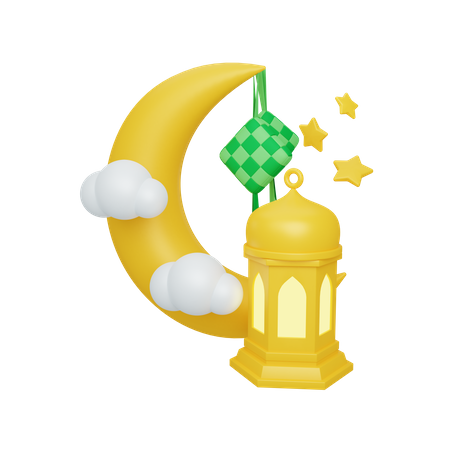 Crescent moon and ketupat with lantern 3D Illustration