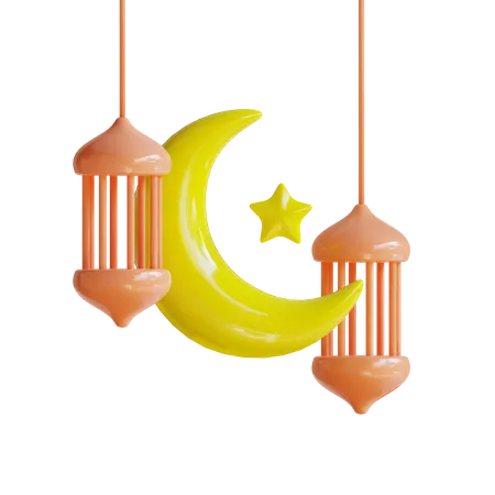 Crescent moon and lantern  3D Illustration