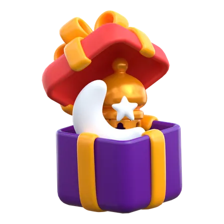 Crescent Moon And Lantern In The Gift Box  3D Icon