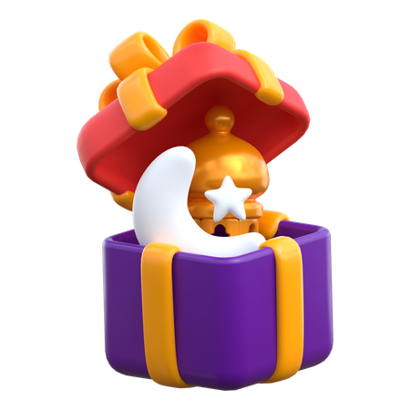 Crescent Moon And Lantern In The Gift Box 3D Icon