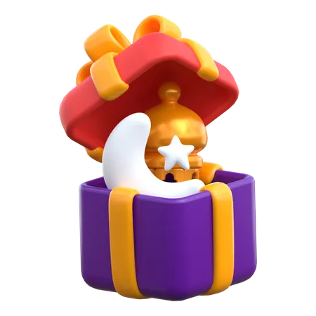 Crescent Moon And Lantern In The Gift Box 3D Icon
