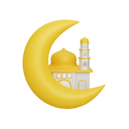 3 D Rendering Crescent Moon And Mosque Isolated Useful For Islam Ramadan Design Illustration 3D Illustration