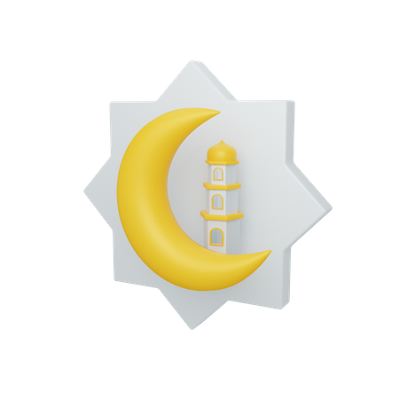 Crescent moon and mosque with ornament  3D Icon