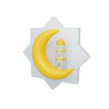 Crescent moon and mosque with ornament  3D Illustration