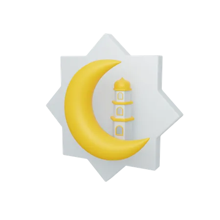 3 D Rendering Crescent Moon And Mosque With Ornament Isolated Useful For Islam Ramadan Design 3D Illustration