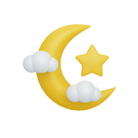 Crescent moon and star with cloud  3D Icon