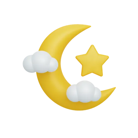 Crescent moon and star with cloud  3D Illustration