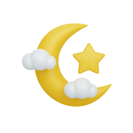 Crescent moon and star with cloud 3D Illustration