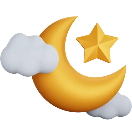 3 D Rendering Crescent Moon And Star With Some Clouds Isolated 3D Icon