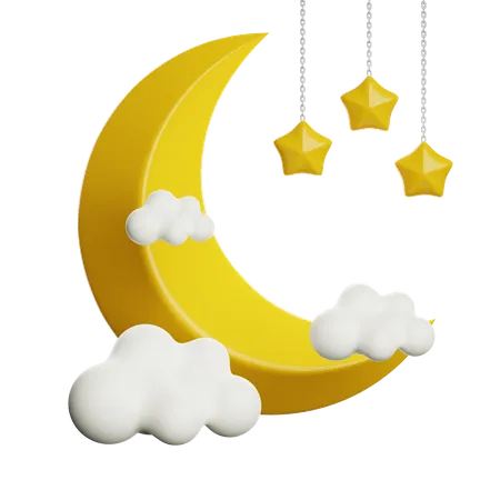 Crescent Moon And Stars  3D Icon