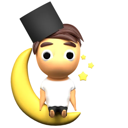 Cute Moslem Boy Character With Prayer Cap Sit In Crescent Moon And Stars Good For Ramadhan Eid And Islamic 3D Illustration
