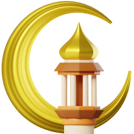 Crescent Moon With Mosque Tower 3 D Icon 3D Icon