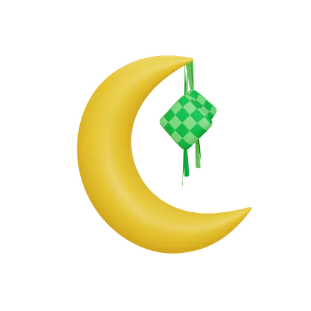 3 D Rendering Islamic Decoration With Crescent Moon And Ketupat Useful For Ramadan Kareem 3D Illustration