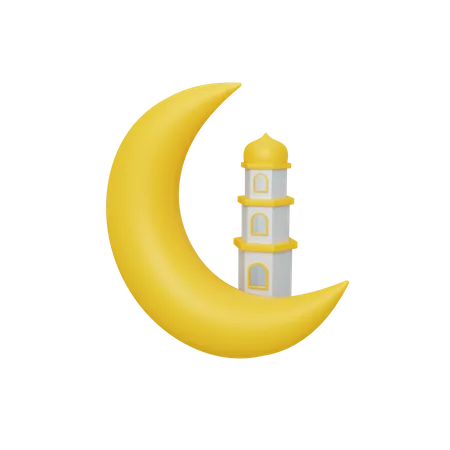 3 D Rendering Crescent Moon With Mosque Isolated Useful For Islam Ramadan Design Illustration 3D Illustration