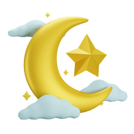 Crescent Moon with Star and Cloud  3D Icon