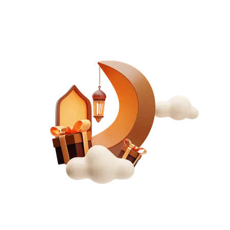 Crescent with gift box 3D Illustration
