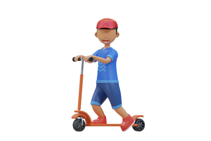 Criança anda de scooter e usa capacete  3D Illustration