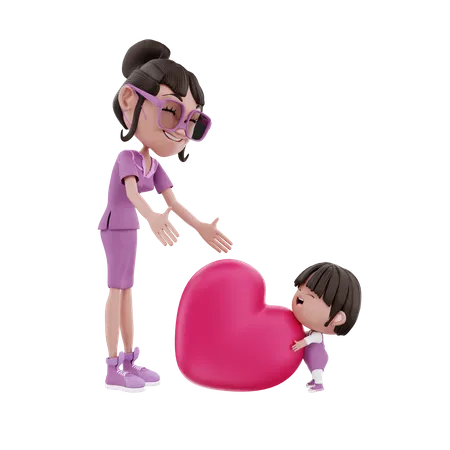 Criança dando coração para sua mãe  3D Illustration