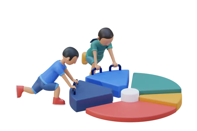 Crianças brincando com um brinquedo de gráfico de pizza  3D Illustration