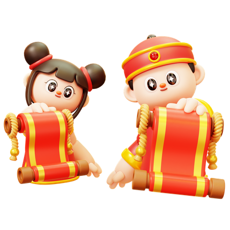 Crianças chinesas com letra de rolagem  3D Illustration