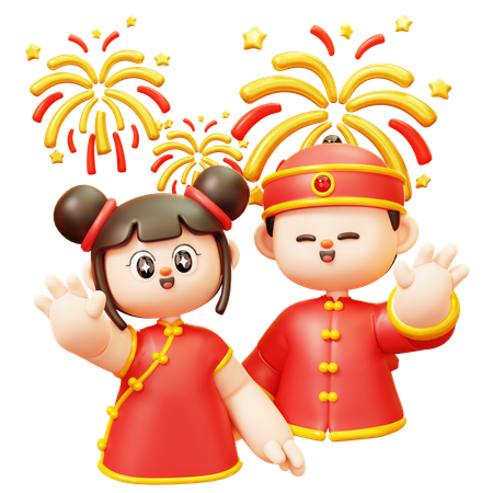 Crianças chinesas cumprimentando com fogos de artifício  3D Icon