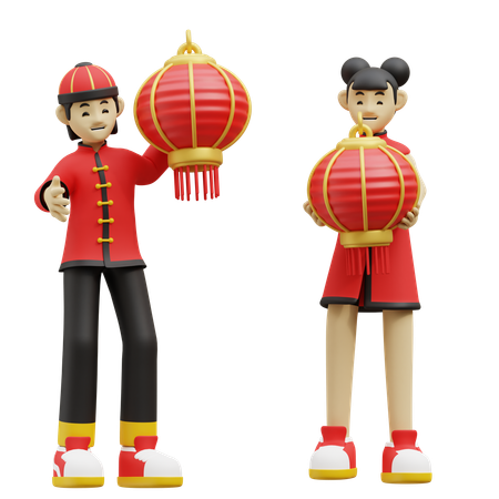 Crianças chinesas estão acendendo lanterna vermelha  3D Illustration