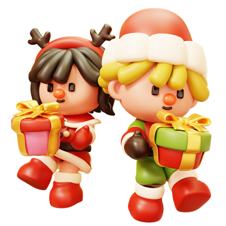 Crianças de Natal com presente  3D Icon