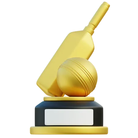 3 D Rendering Of A Golden Cricket Trophy Featuring A Bat And Ball On A Black Base With A Blank Nameplate Showcasing Achievement In Cricket Sport 3D Icon