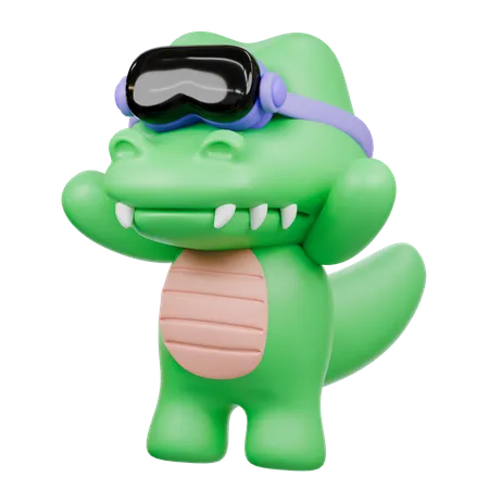 Crocodile mignon avec des lunettes de réalité virtuelle  3D Illustration