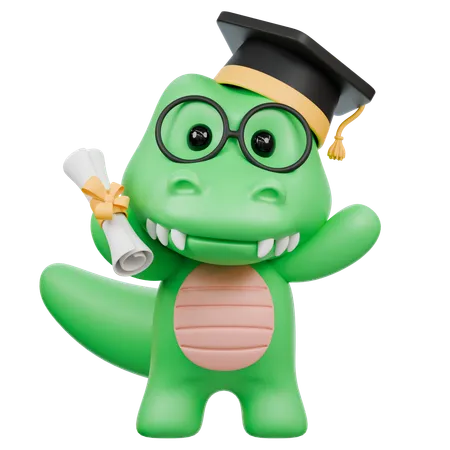 Crocodile mignon avec diplôme et chapeau de remise de diplôme  3D Illustration