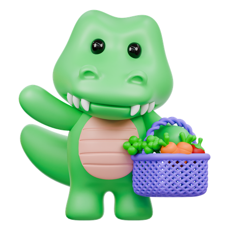 Crocodile mignon avec panier de légumes  3D Illustration