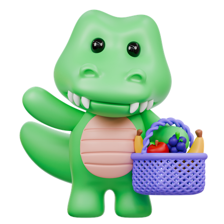 Crocodile mignon avec un panier de fruits  3D Illustration