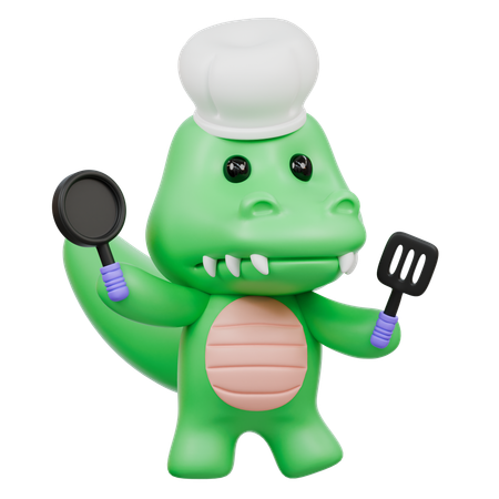 Crocodile mignon en train de cuisiner dans la cuisine  3D Illustration