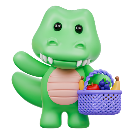 Crocodilo fofo com cesta de frutas  3D Illustration