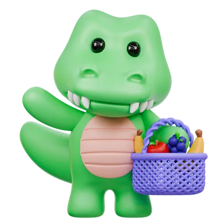 Crocodilo fofo com cesta de frutas  3D Illustration