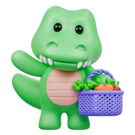 Crocodilo fofo com cesta de vegetais  3D Illustration