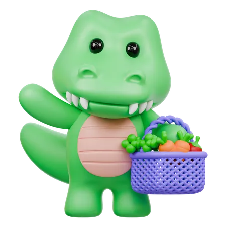 Crocodilo fofo com cesta de vegetais  3D Illustration