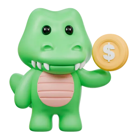 Crocodilo fofo com moeda  3D Illustration