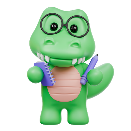 Crocodilo fofo em óculos bloco de notas e lápis  3D Icon
