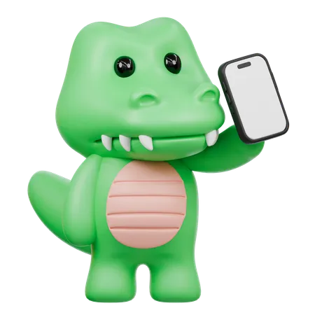 Crocodilo fofo segurando smartphone em branco  3D Illustration