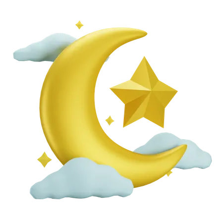 Croissant de Lune avec étoile et nuage  3D Icon