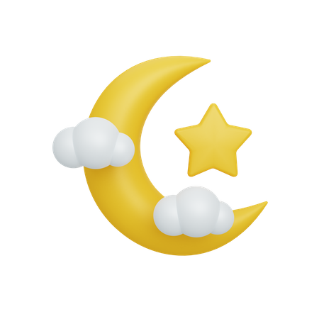 Croissant de lune et étoile avec nuage  3D Illustration