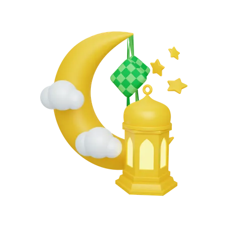 Croissant de lune et ketupat avec lanterne  3D Illustration